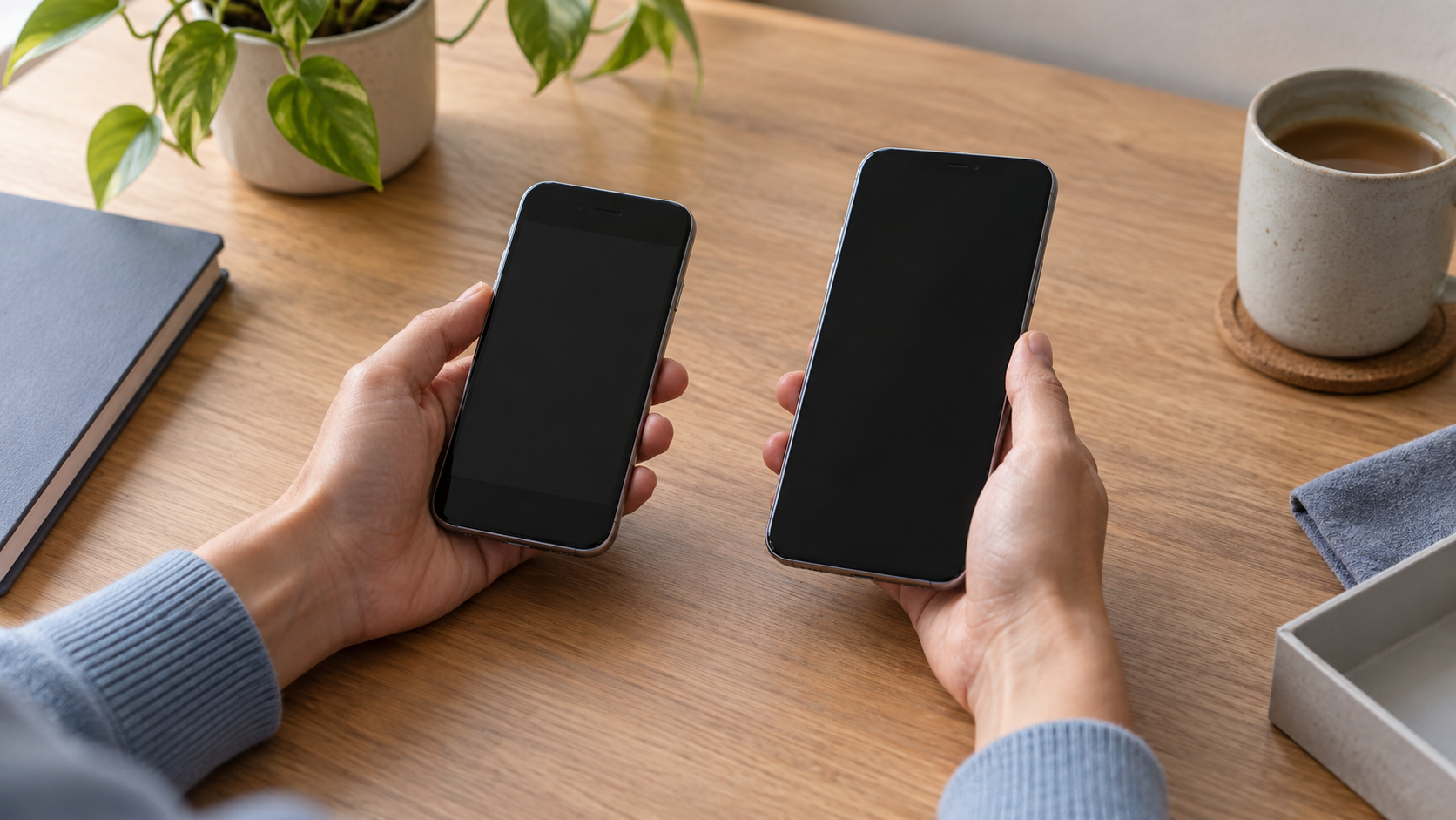 Two phones held side by side above a desk before a device change