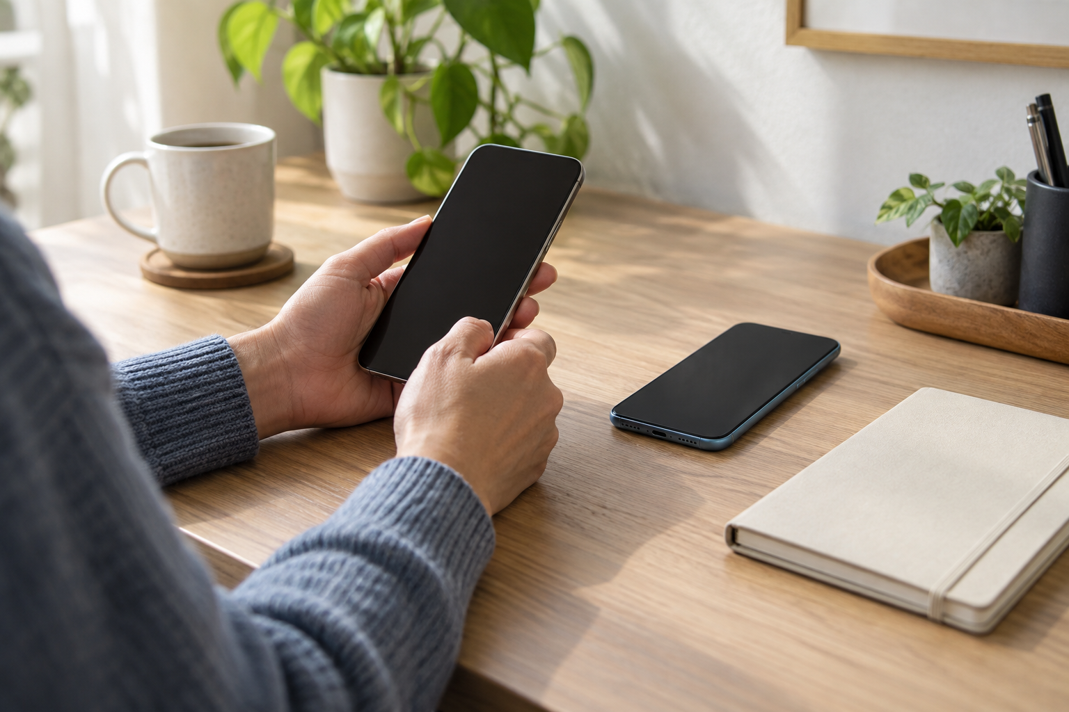 Person checking an old phone while a new phone and closed notebook rest nearby
