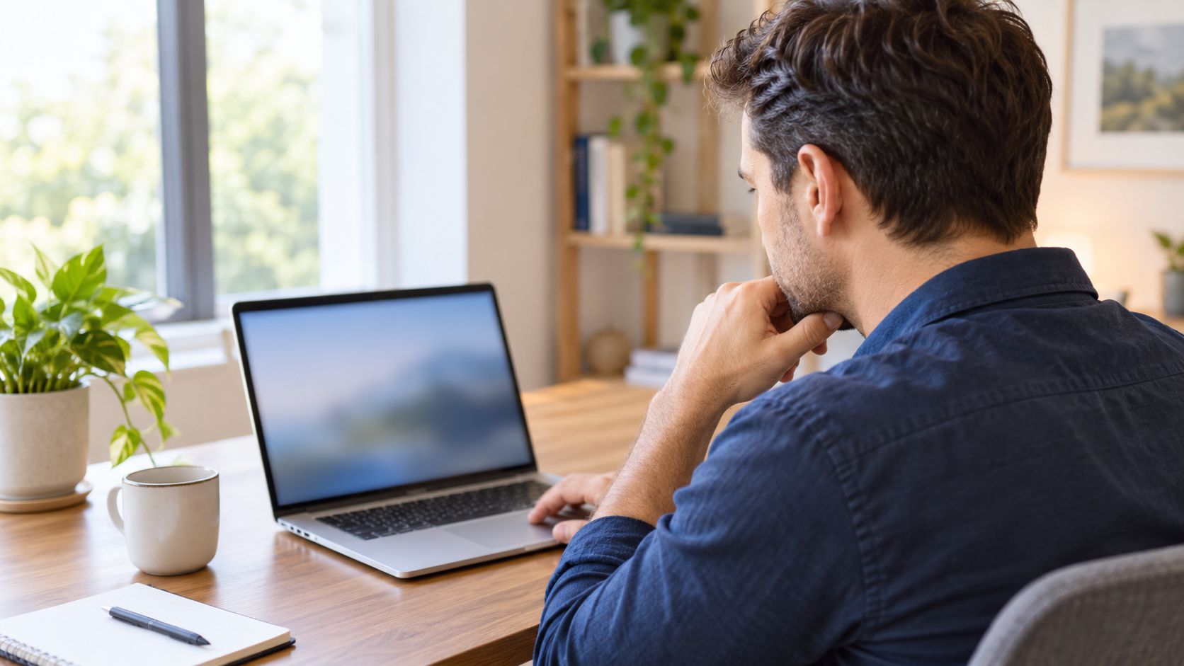 Person thoughtfully reviewing a laptop before installing software
