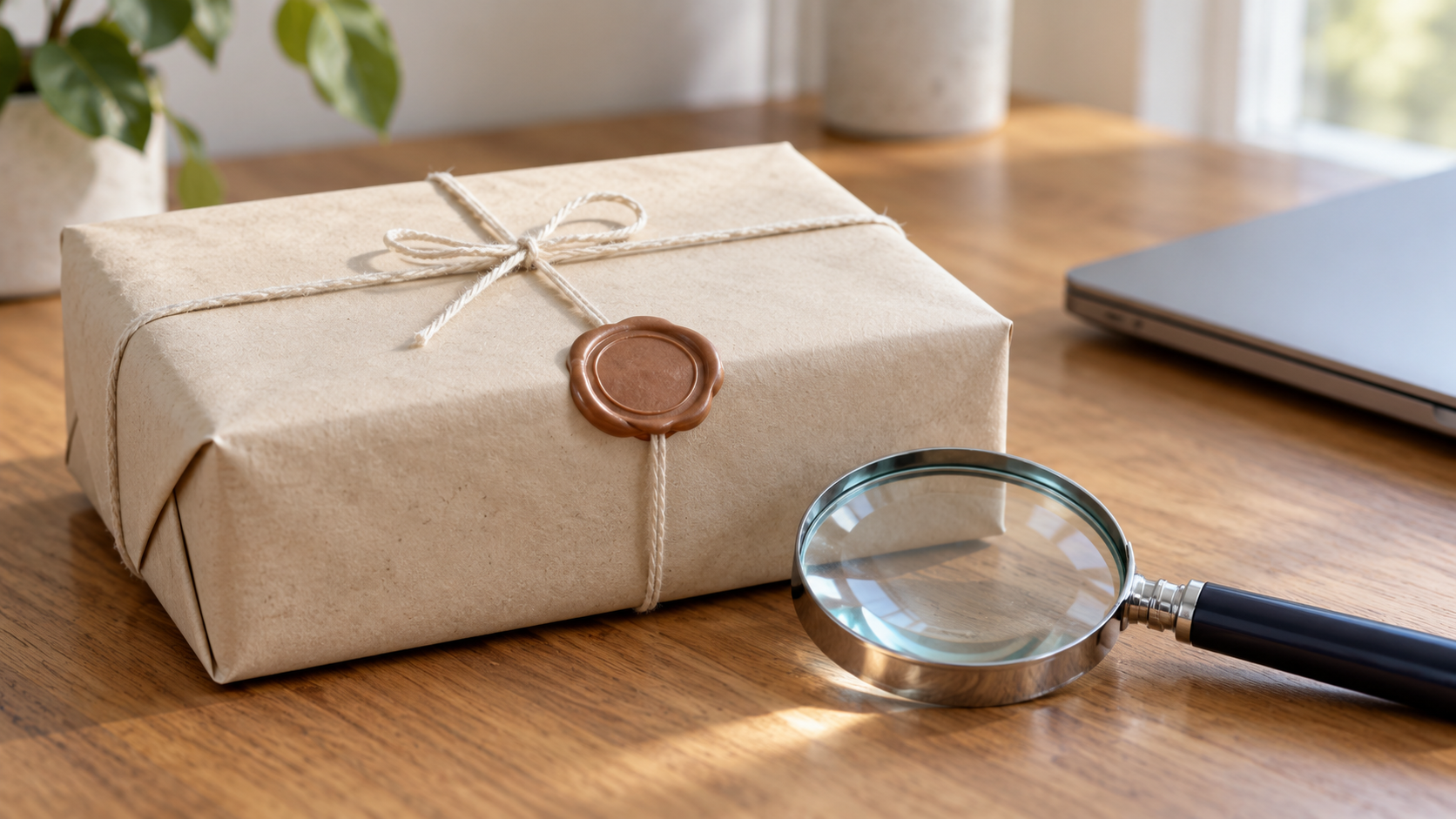 Plain paper parcel with an intact seal and a magnifying glass, illustrating an integrity check
