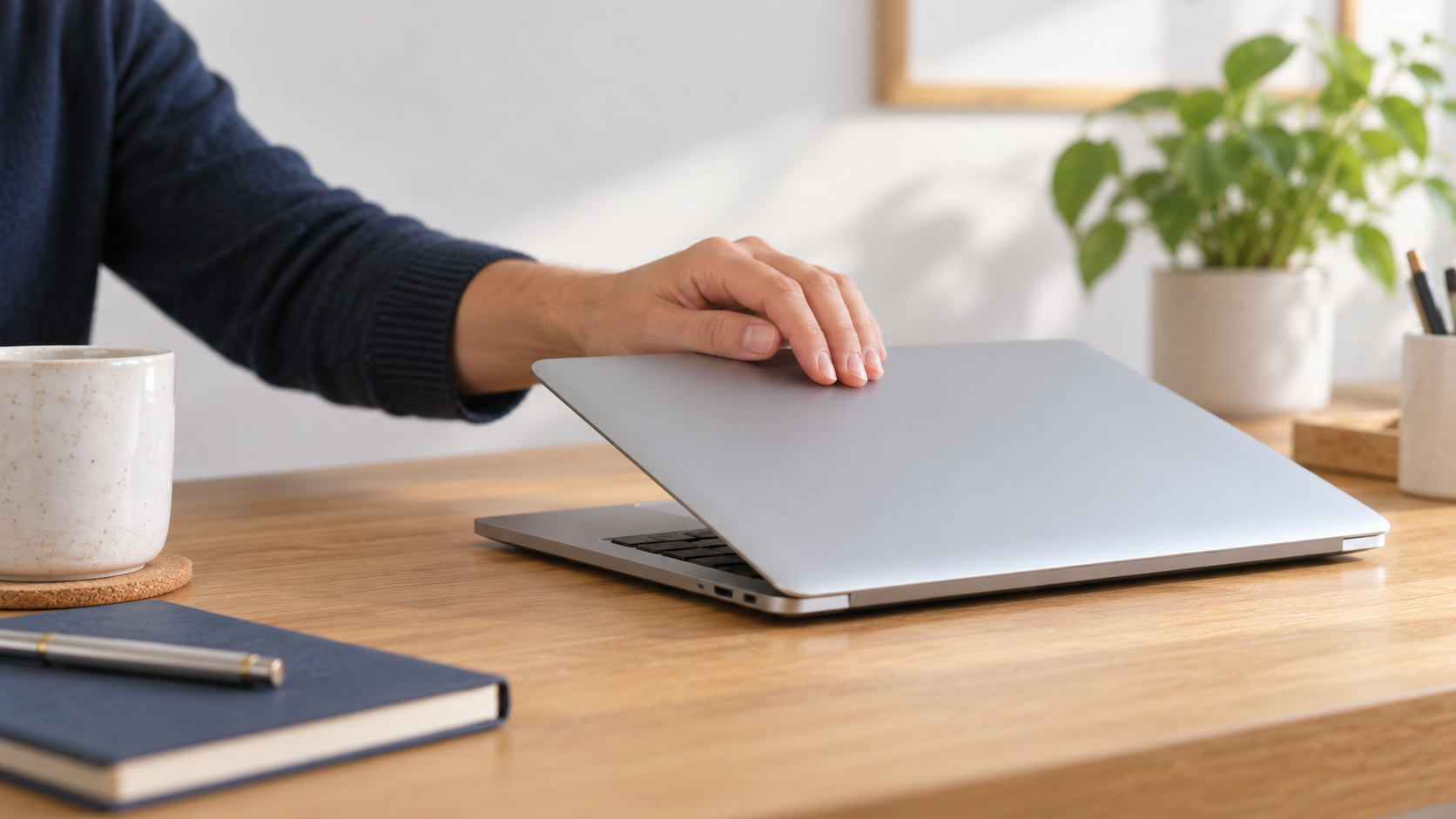Hand gently closing a silver laptop to pause an installation decision