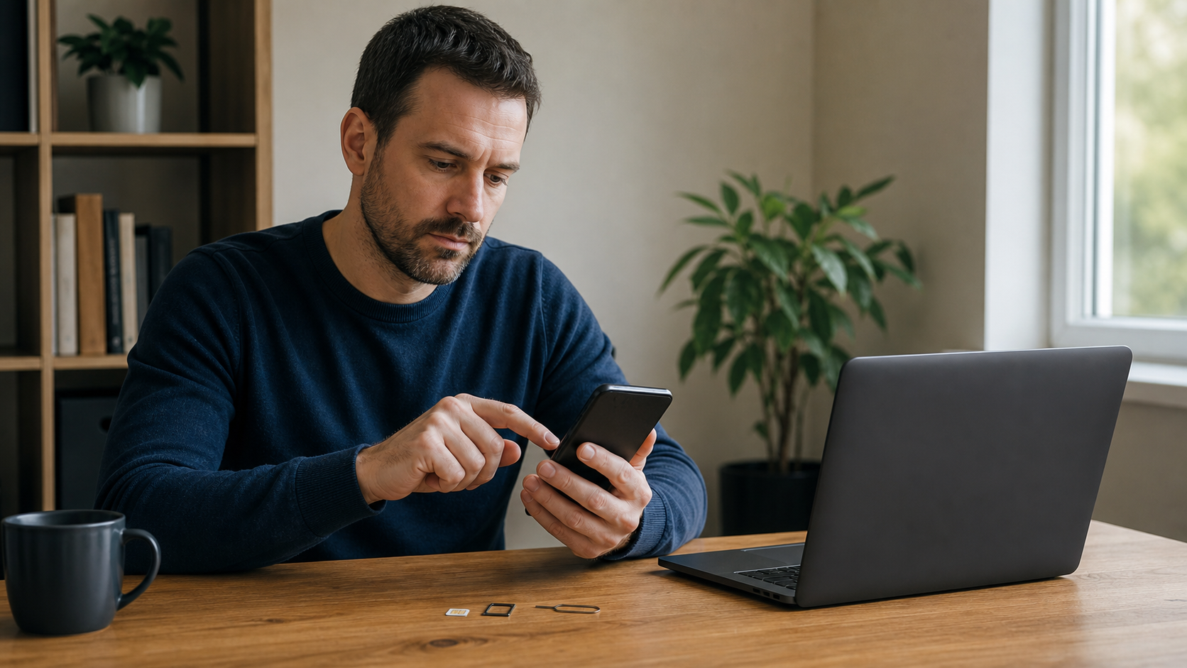 Person checking a phone beside a SIM tray in a home office