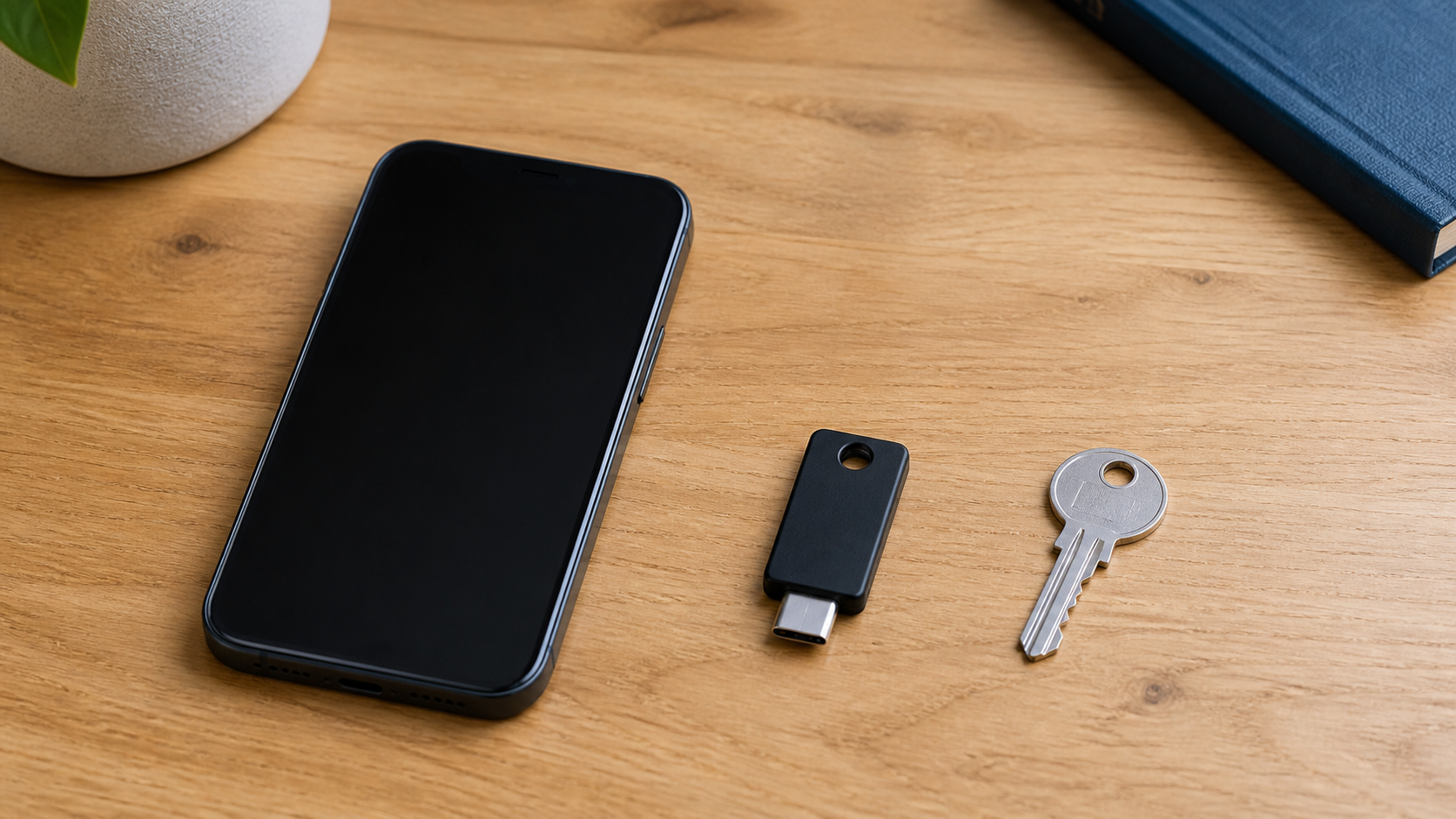 Phone beside a hardware security key and metal key
