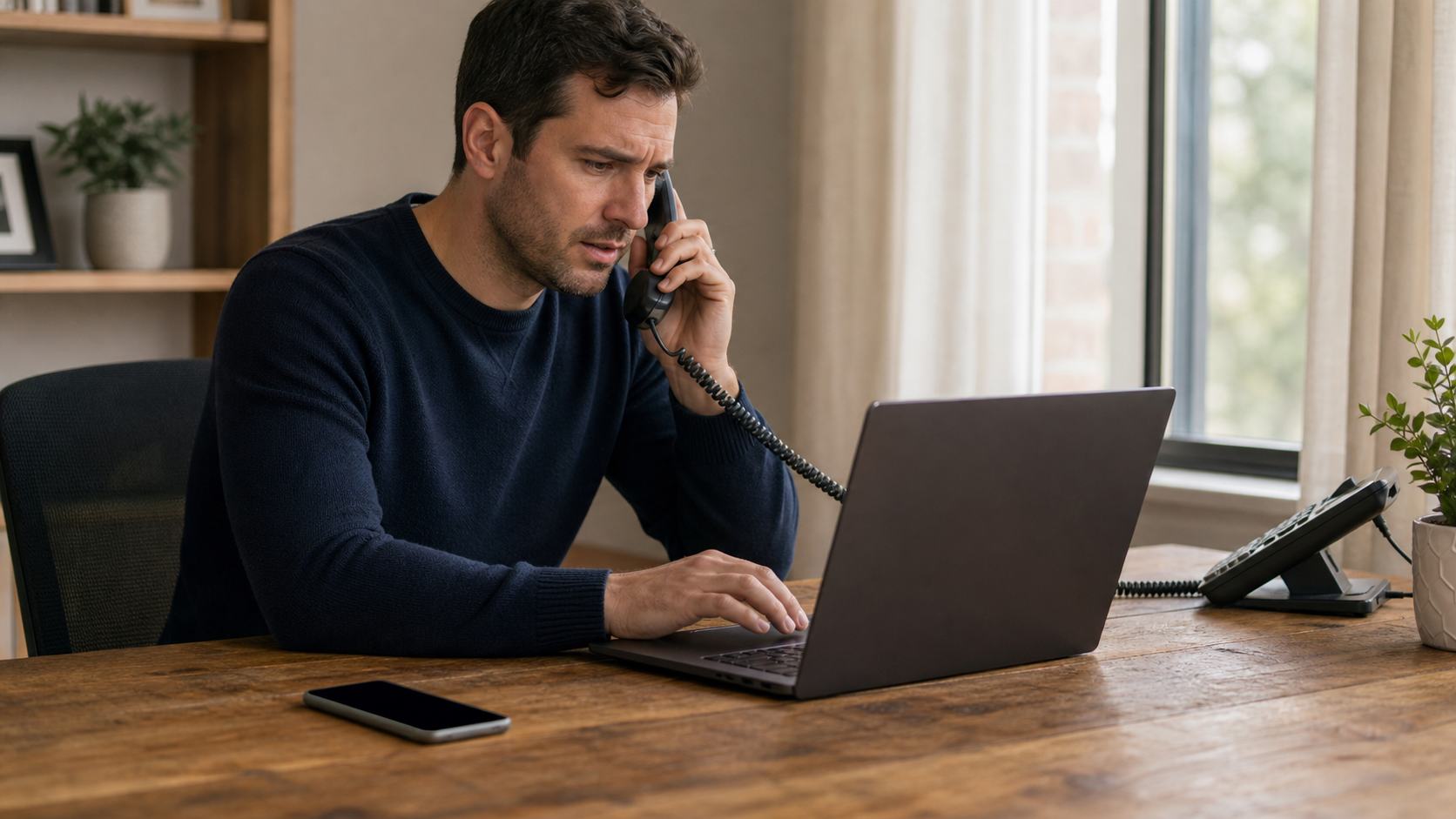 Person contacting a carrier from a desk phone after mobile service fails
