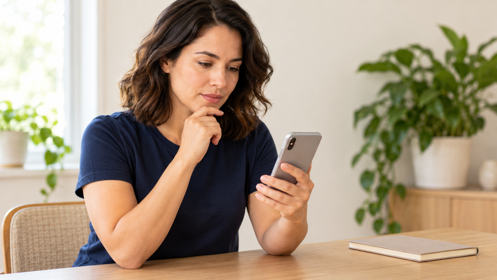 Woman thoughtfully reviewing a smartphone at a bright home desk