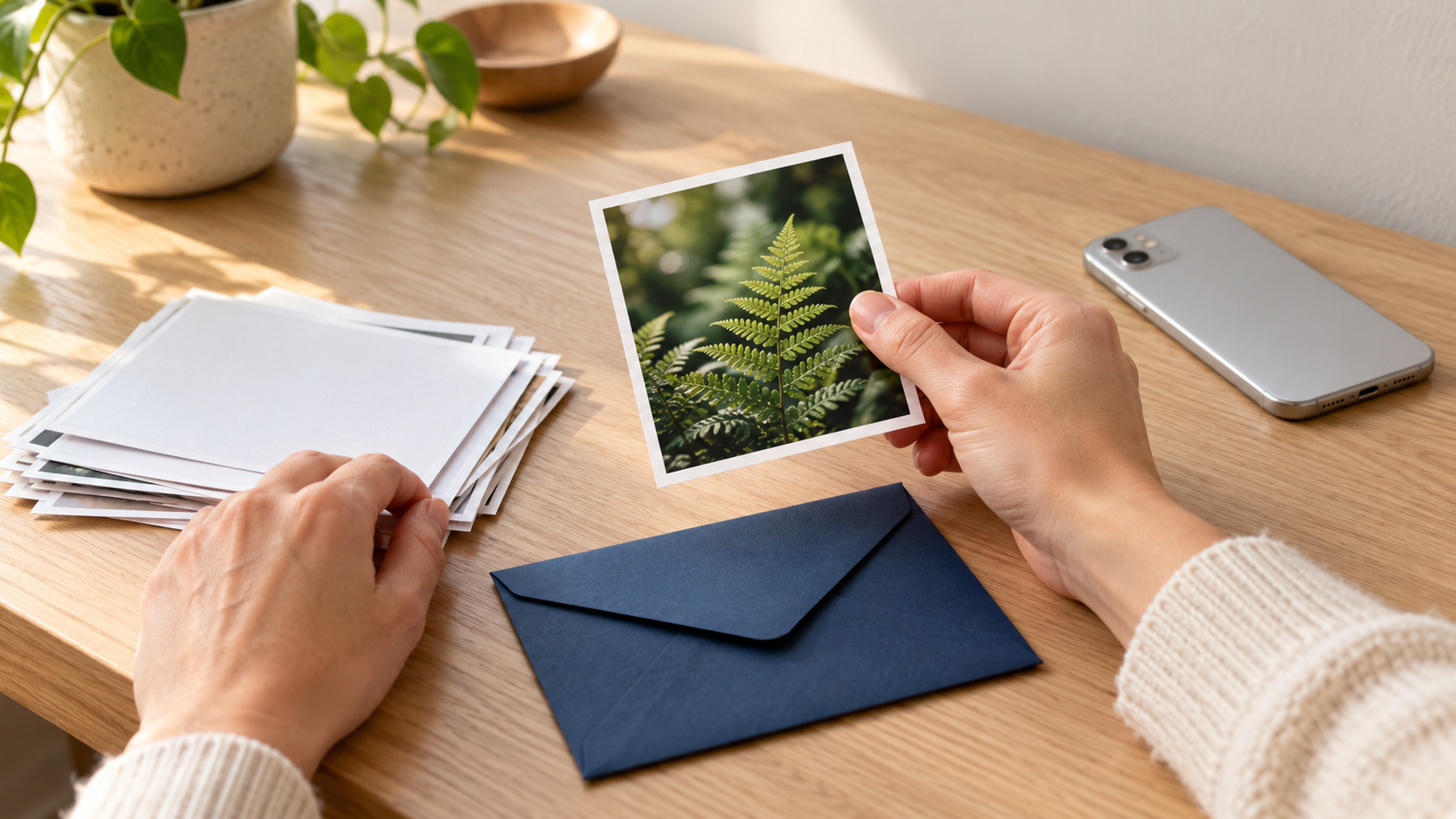 Hands selecting one fern photograph beside a closed envelope and face-down smartphone