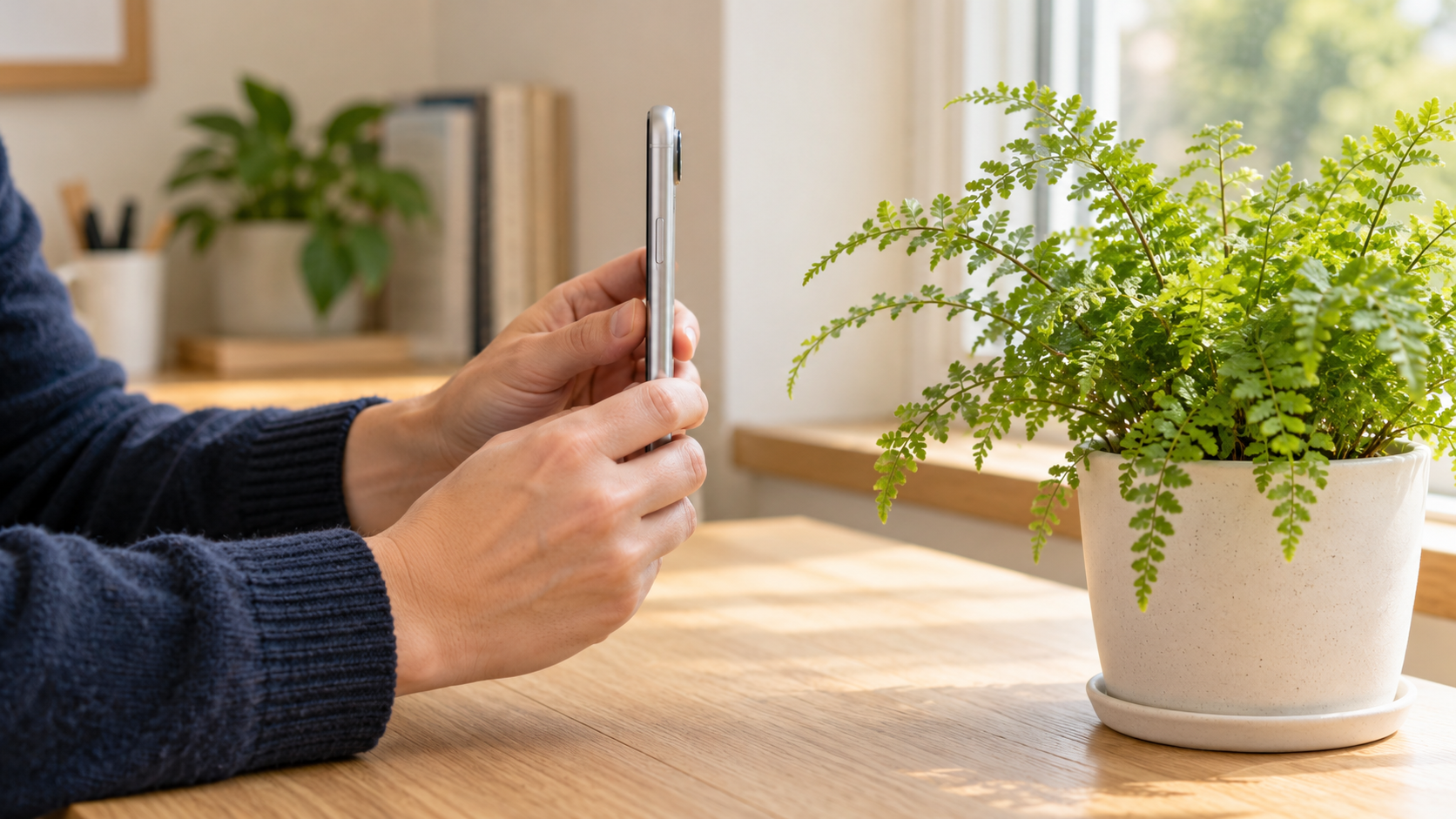 Hands holding a smartphone edge-on with its rear camera directed toward a potted fern
