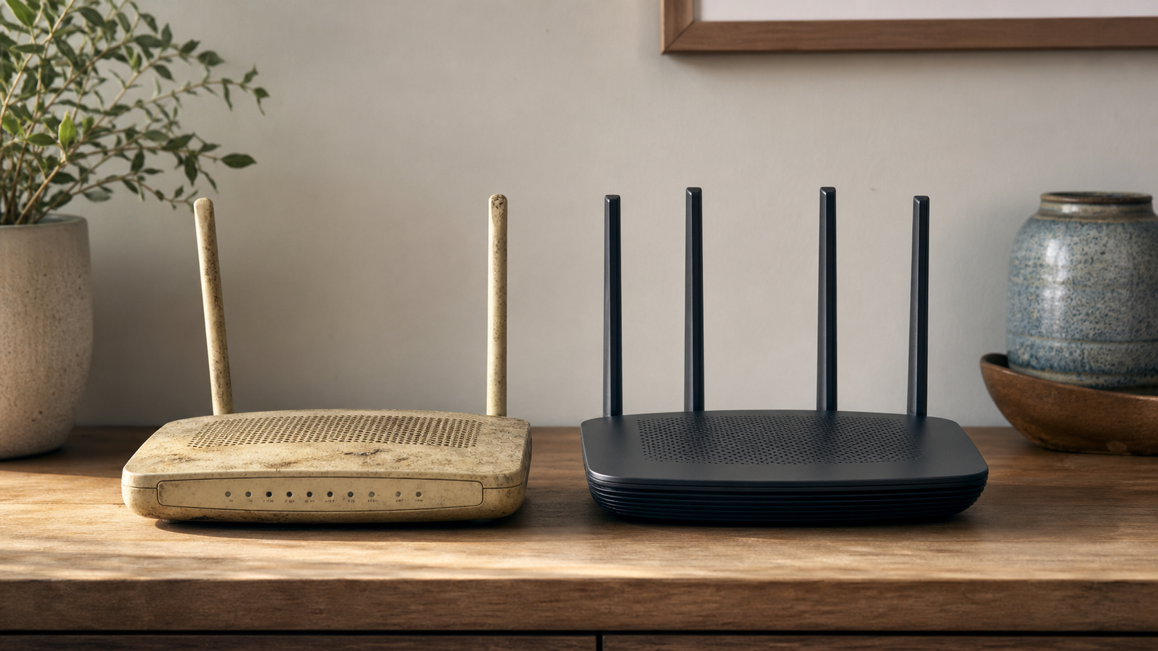 Old unsupported router beside a current replacement