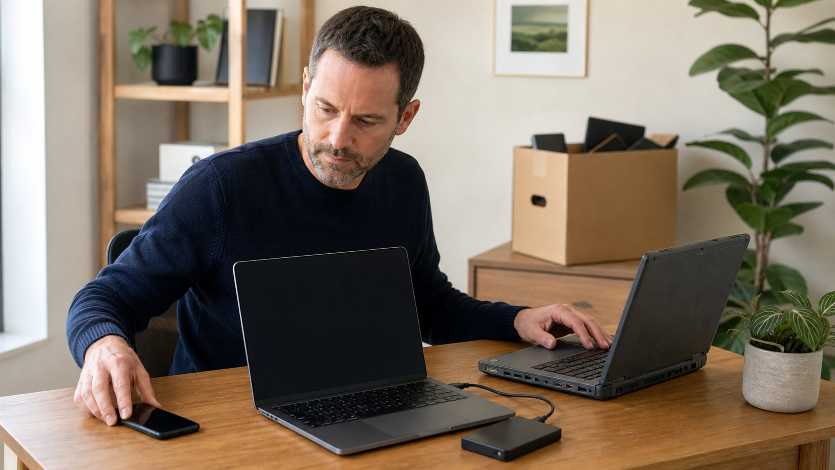 Person preparing an old phone and computer for secure disposal