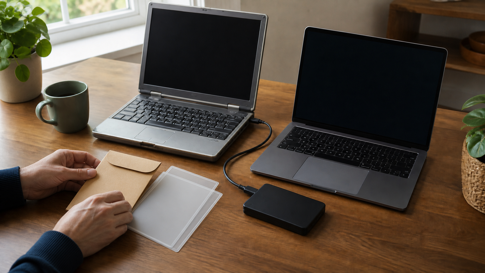 Two computers and an external drive used to verify a backup