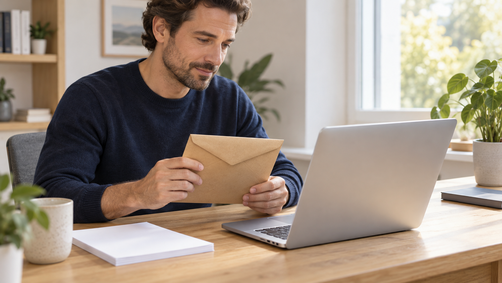 Man holding a plain document envelope beside a laptop at a home-office desk