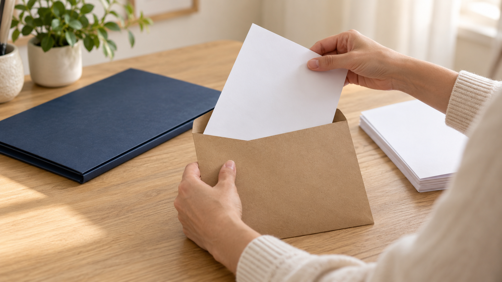 Hands placing one blank sheet into an envelope beside a separate document folder