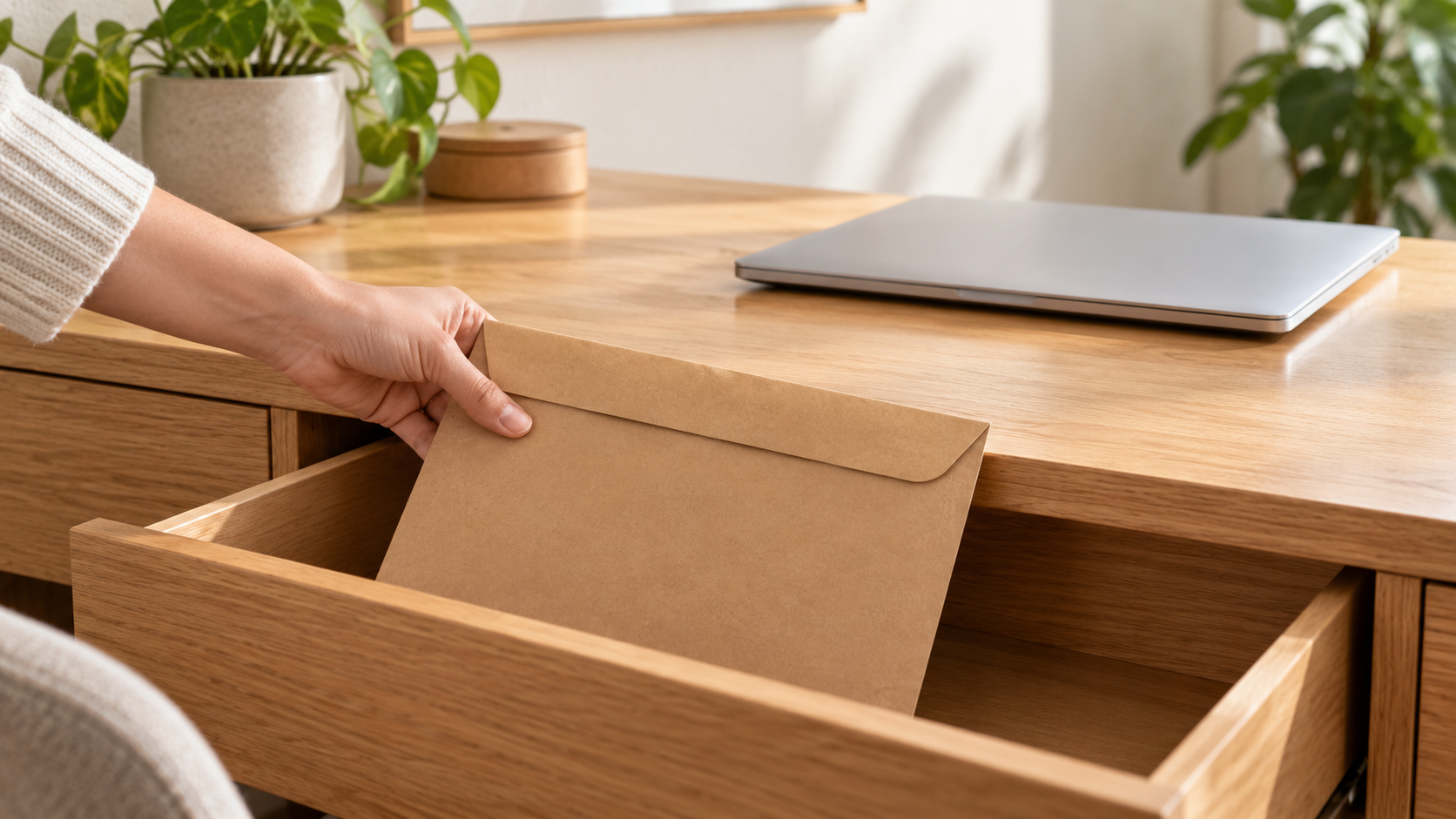 Hand putting a plain document envelope into a desk drawer beside a closed laptop