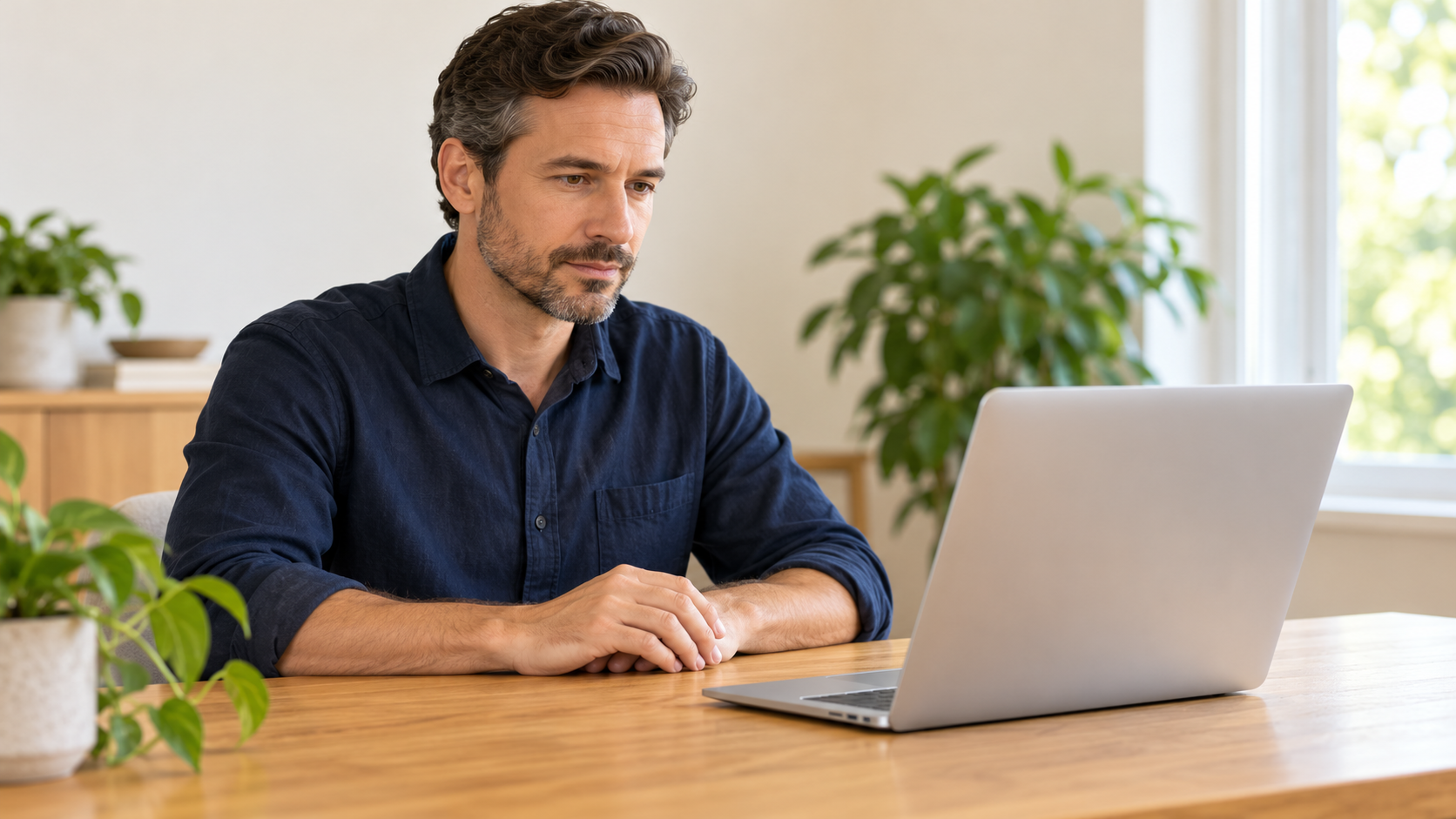 Man pausing with his hands away from a laptop keyboard at a bright home desk