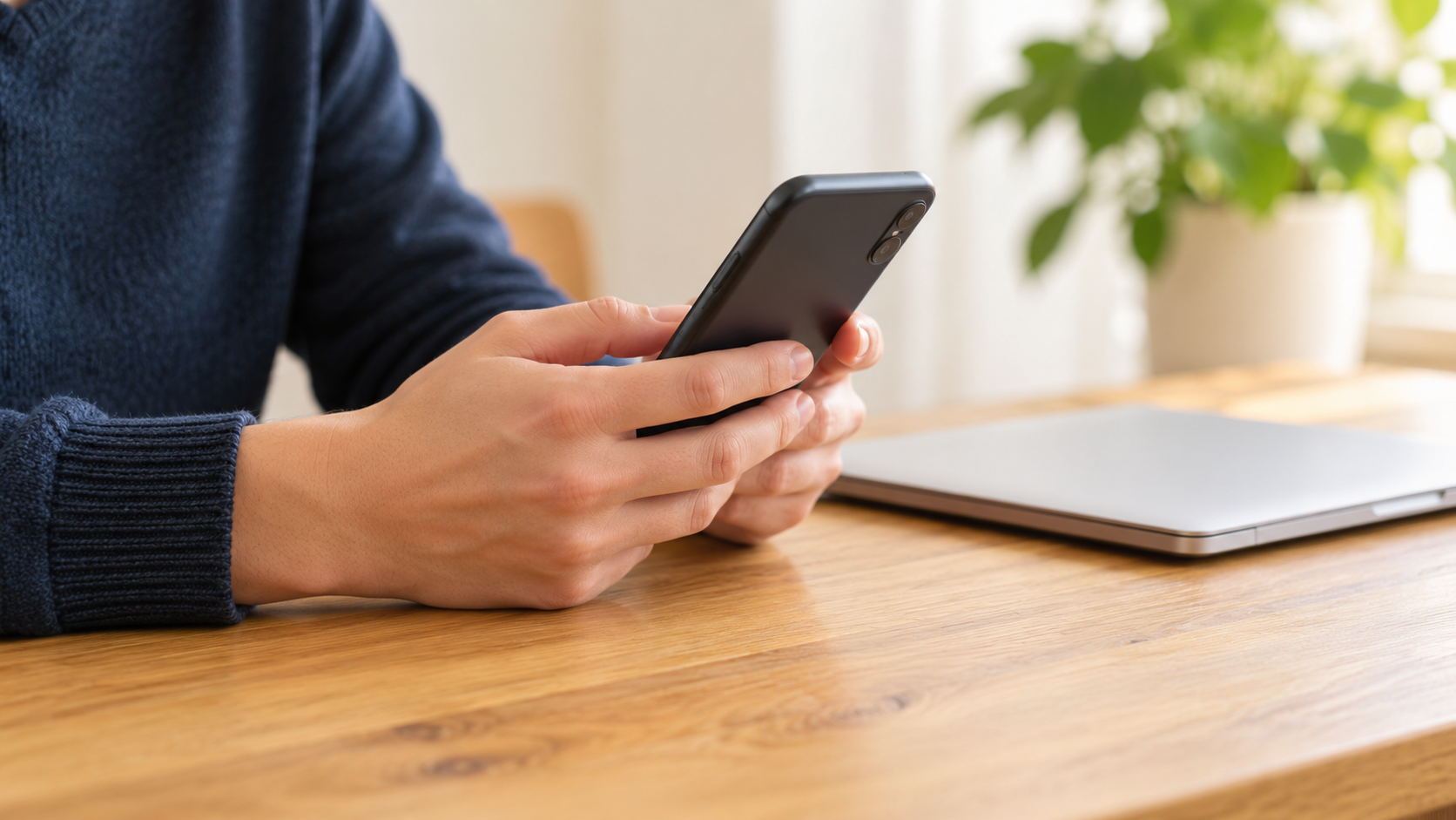 Hands holding the back of a smartphone beside a closed silver laptop