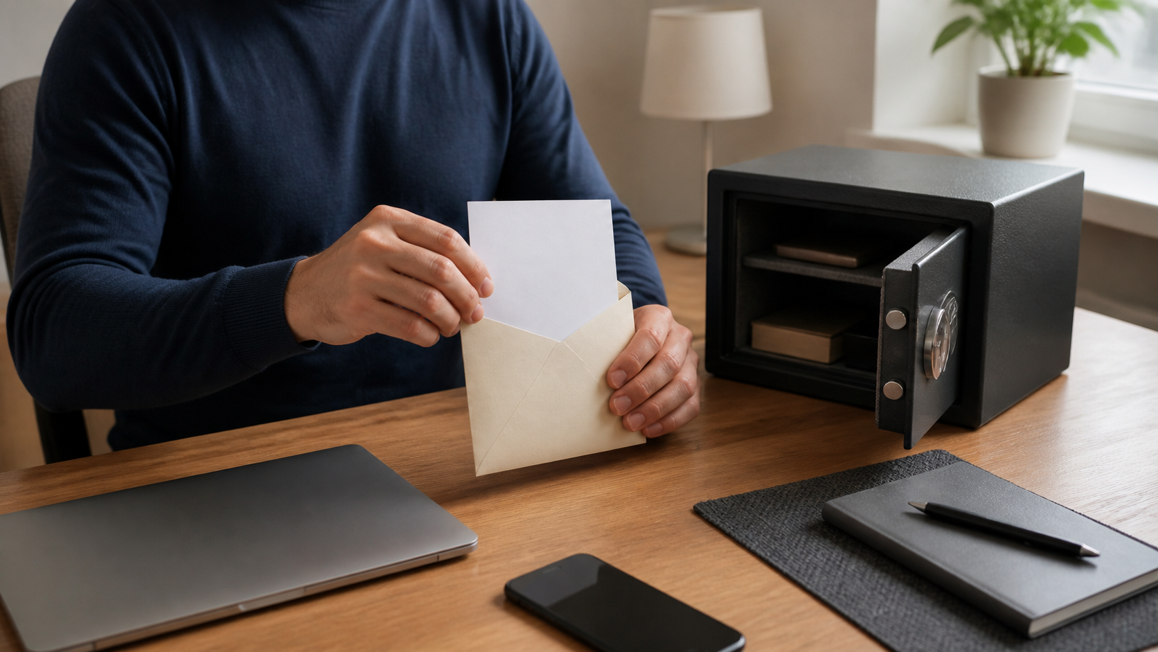 Person placing an account recovery sheet into a secure envelope