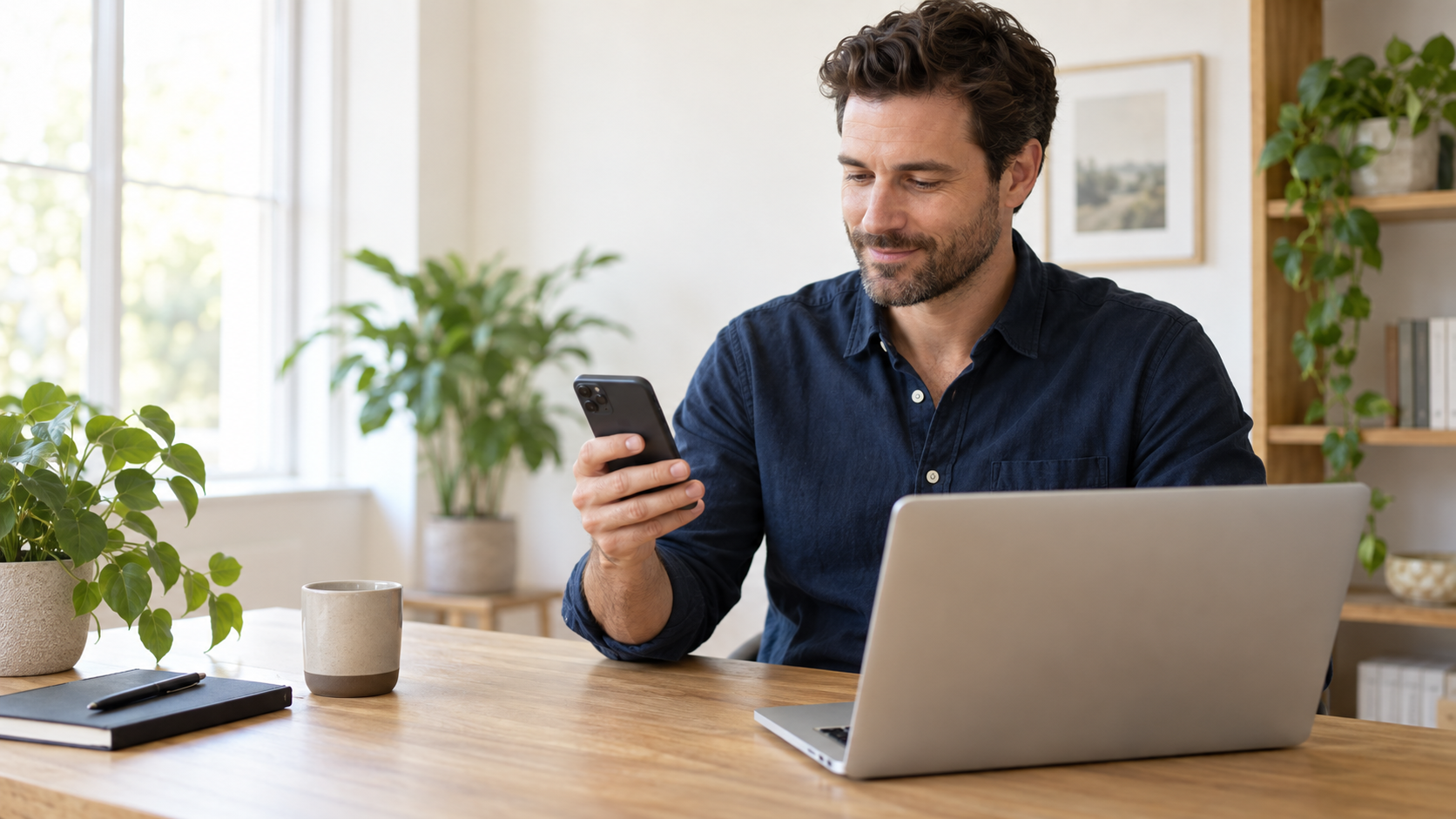 Man using his phone beside a laptop at a home-office desk