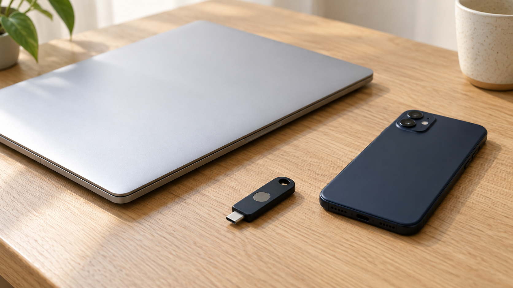 Laptop, phone, and hardware security key arranged on an oak desk