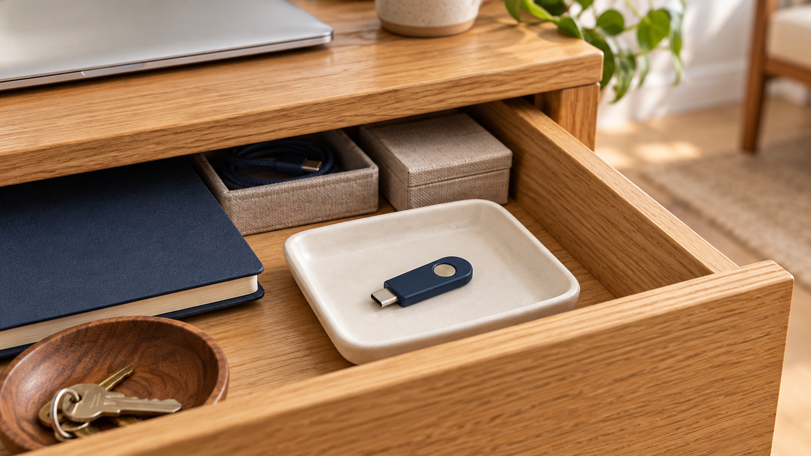 Spare hardware security key in a ceramic tray inside a desk drawer