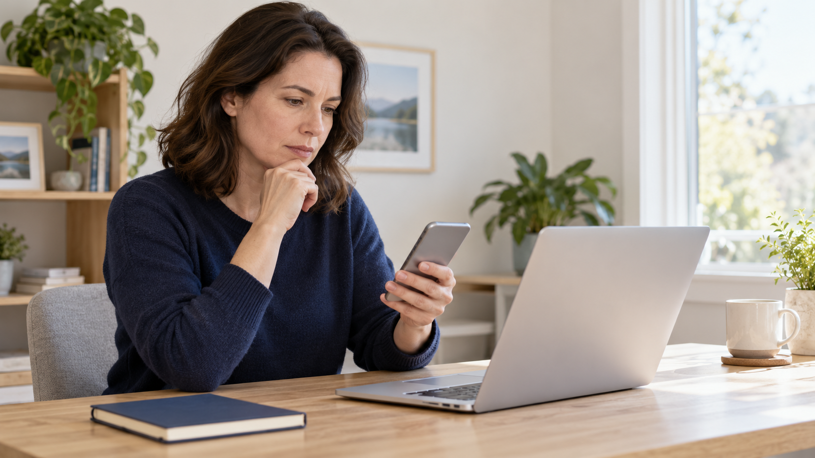 Woman checking a phone beside an open laptop before granting computer access