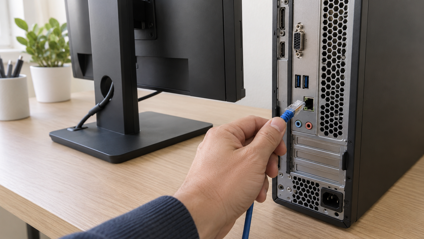 Hand holding a blue Ethernet cable disconnected from a desktop computer