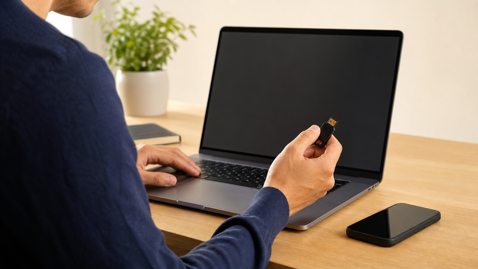 Person strengthening account security from a trusted laptop